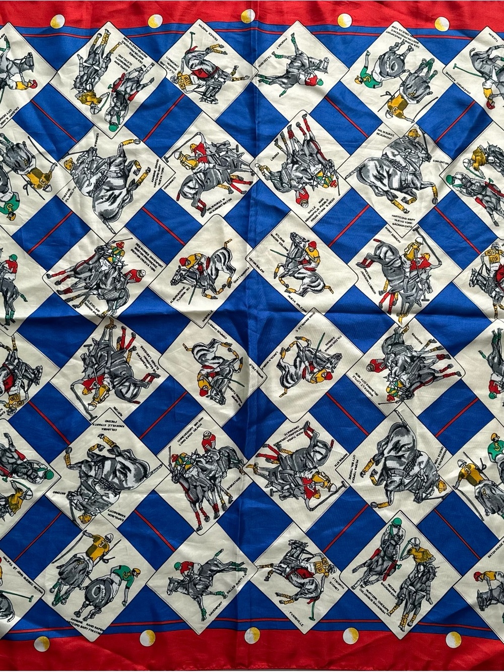 Equestrian Print Silk Scarf in Royal Blue, Red & Cream